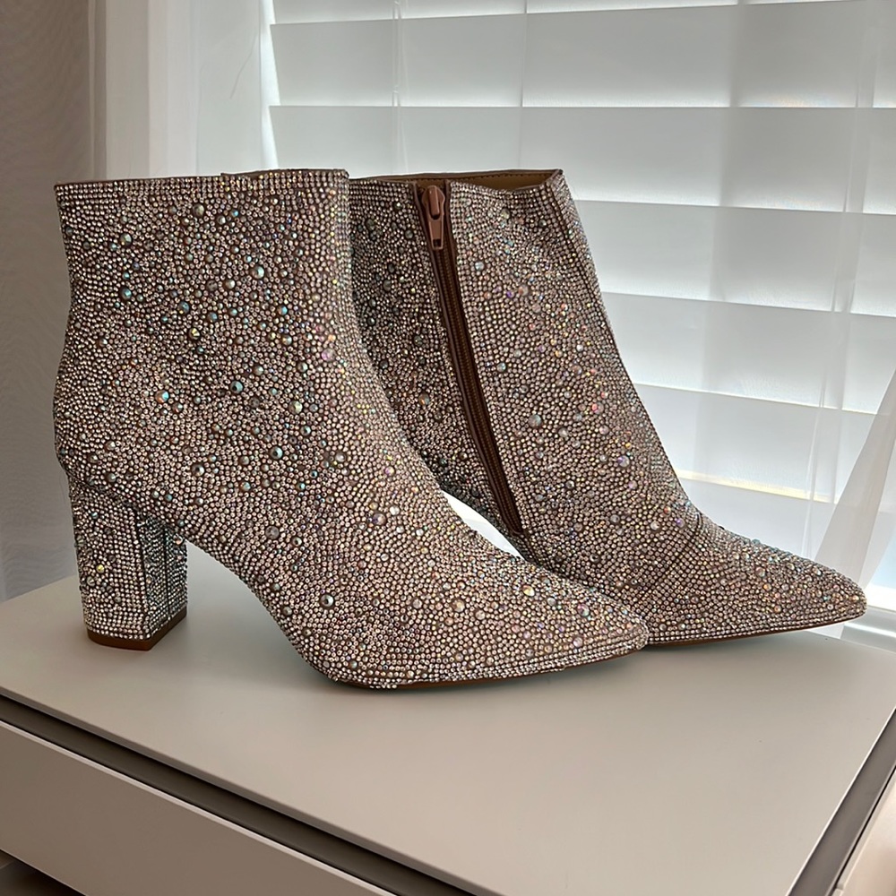 Blue by Betsey Johnson Cady Rhinestone Embellished Block Heel Booties